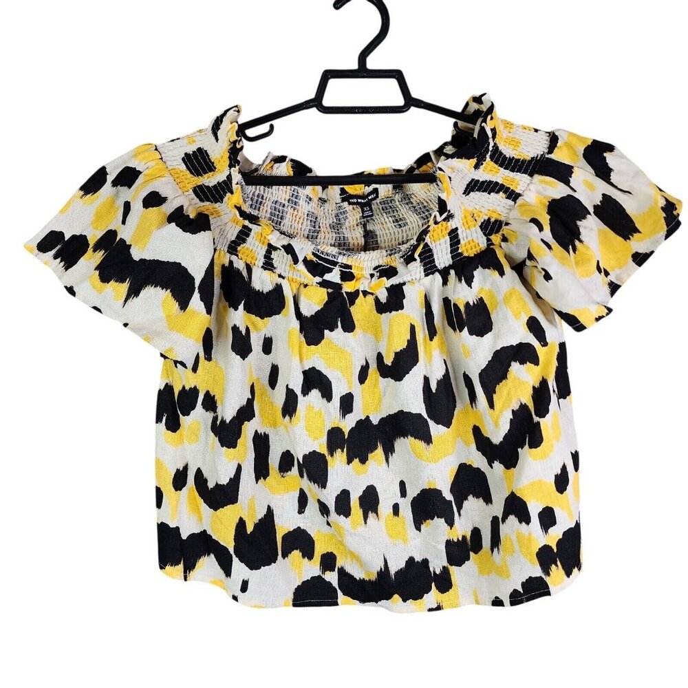 Womens  Who What Wear Yellow Black White Animal Print Cheetah Crop Top Linen XS